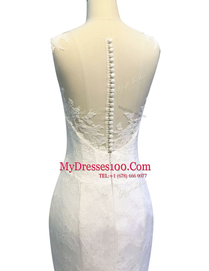 Mermaid White Zipper Scoop Lace and Appliques Wedding Gowns Lace Sleeveless Sweep Train