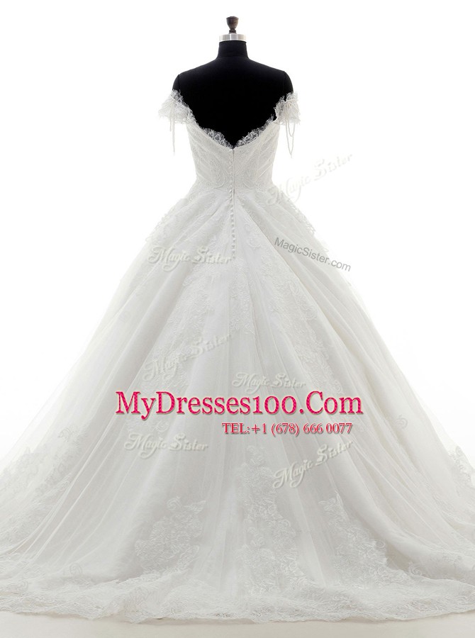 White Tulle and Lace Clasp Handle Off The Shoulder Short Sleeves With Train Wedding Gown Brush Train Lace and Appliques