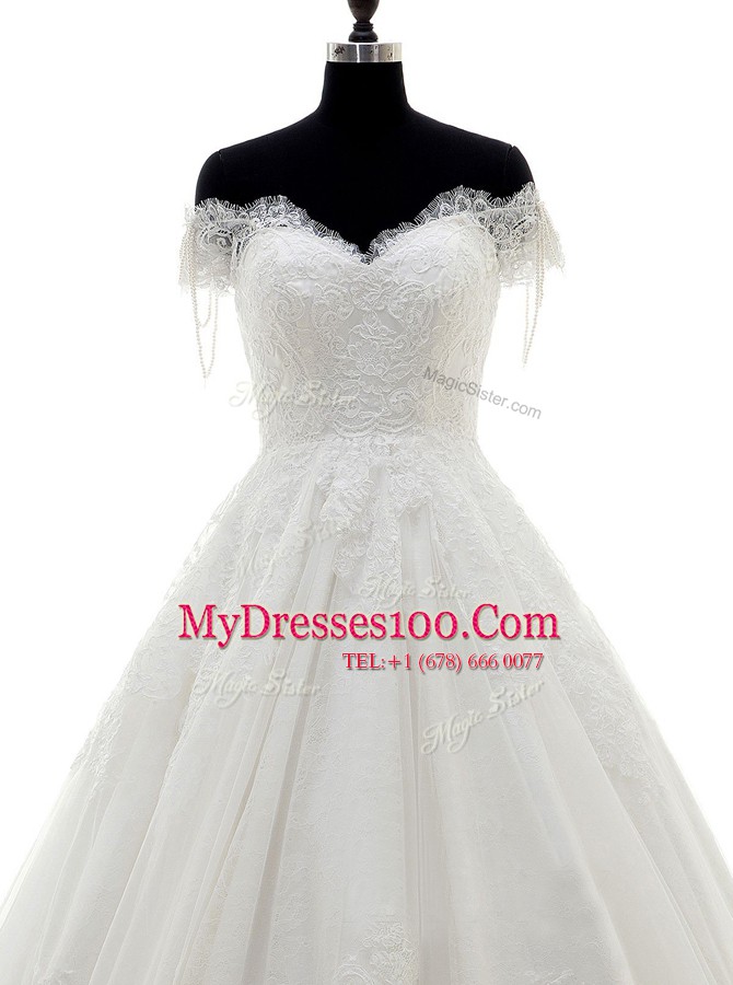 White Tulle and Lace Clasp Handle Off The Shoulder Short Sleeves With Train Wedding Gown Brush Train Lace and Appliques