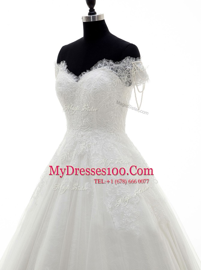 White Tulle and Lace Clasp Handle Off The Shoulder Short Sleeves With Train Wedding Gown Brush Train Lace and Appliques