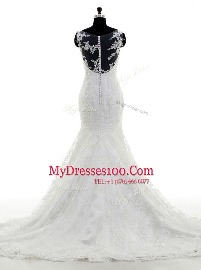 Modern Brush Train Mermaid Wedding Gown White Scoop Lace Sleeveless With Train Clasp Handle