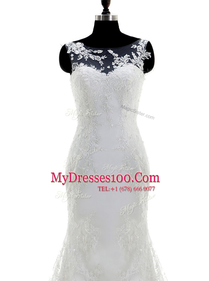 Modern Brush Train Mermaid Wedding Gown White Scoop Lace Sleeveless With Train Clasp Handle