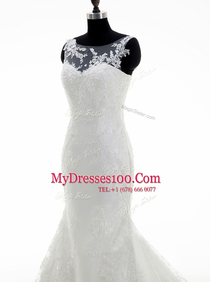 Modern Brush Train Mermaid Wedding Gown White Scoop Lace Sleeveless With Train Clasp Handle