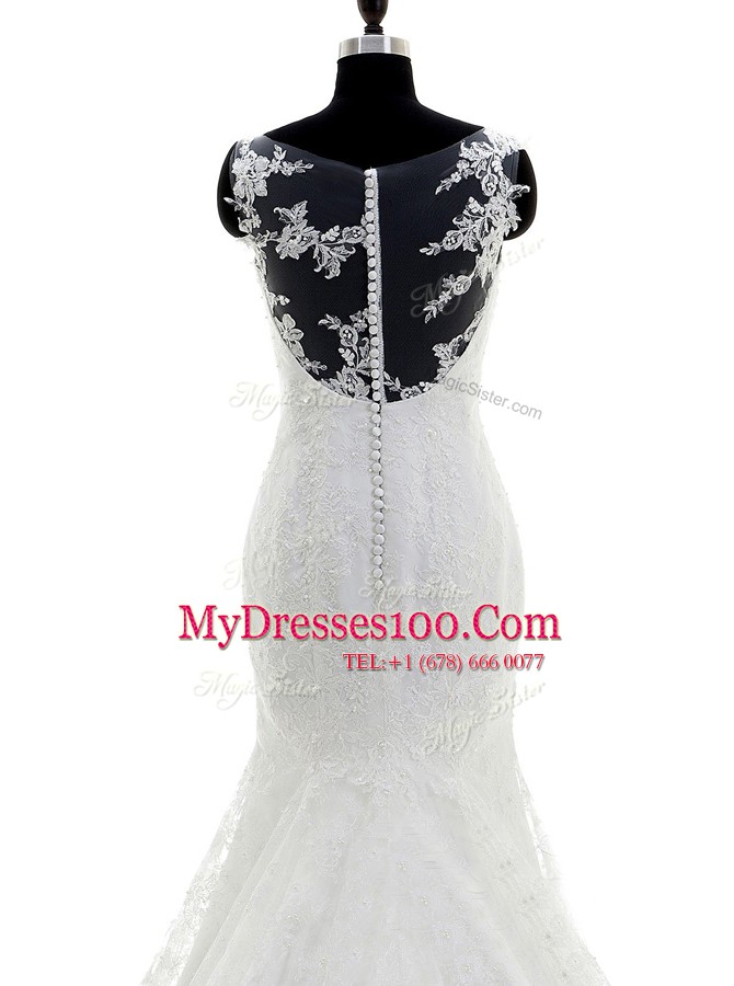 Modern Brush Train Mermaid Wedding Gown White Scoop Lace Sleeveless With Train Clasp Handle