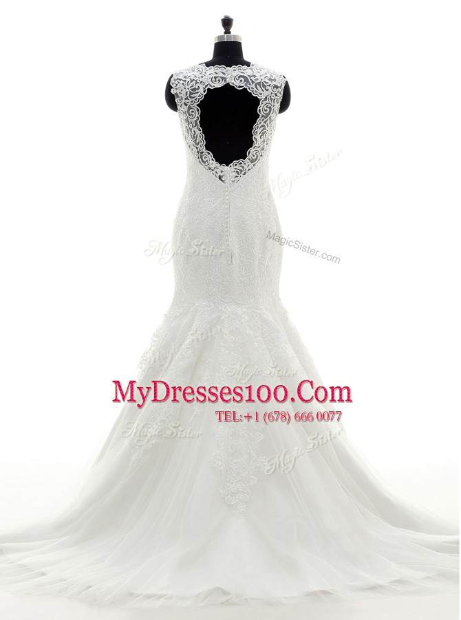 Scalloped White Mermaid Lace and Appliques Wedding Gowns Clasp Handle Tulle and Lace Sleeveless With Train