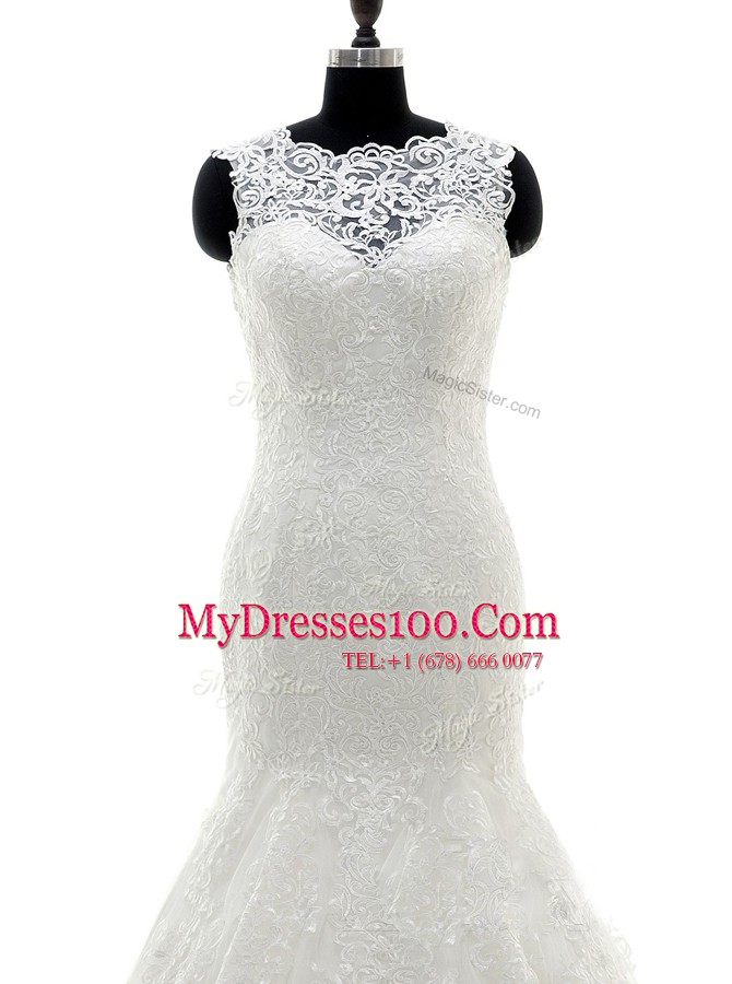 Scalloped White Mermaid Lace and Appliques Wedding Gowns Clasp Handle Tulle and Lace Sleeveless With Train