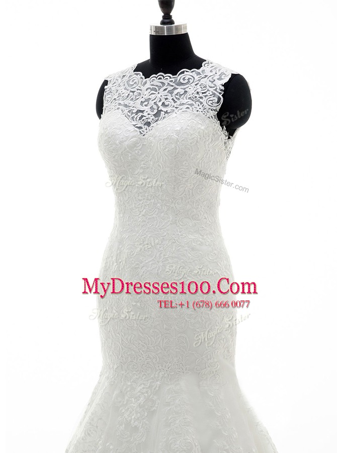 Scalloped White Mermaid Lace and Appliques Wedding Gowns Clasp Handle Tulle and Lace Sleeveless With Train