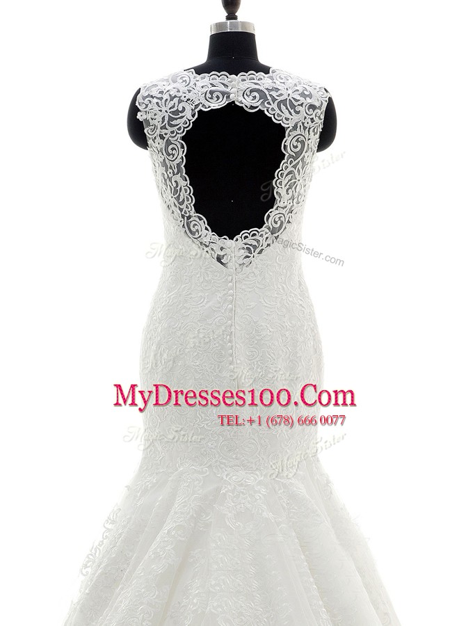Scalloped White Mermaid Lace and Appliques Wedding Gowns Clasp Handle Tulle and Lace Sleeveless With Train