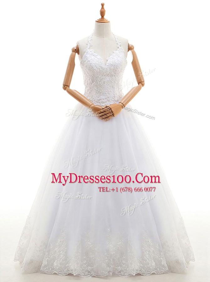 High Class Halter Top Sleeveless Lace Up Wedding Dresses White Organza
