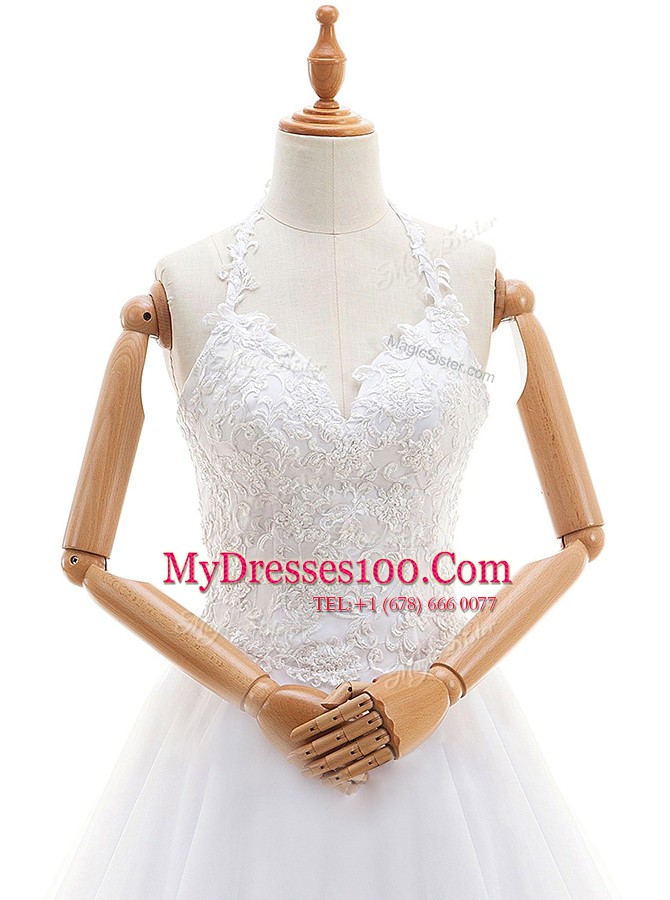 High Class Halter Top Sleeveless Lace Up Wedding Dresses White Organza