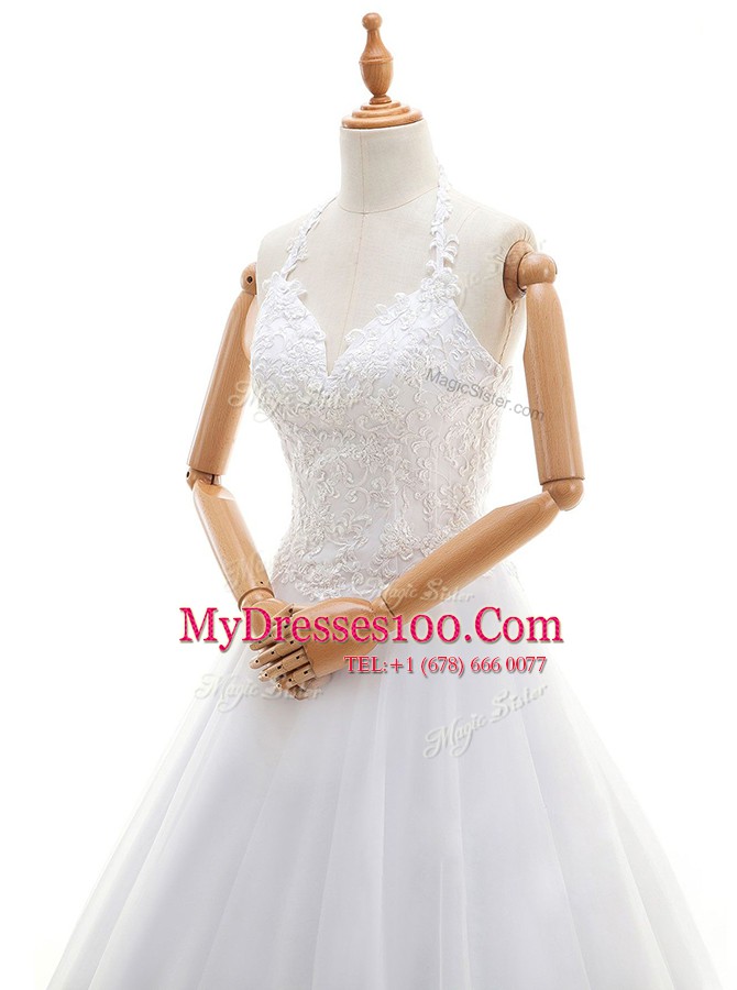 High Class Halter Top Sleeveless Lace Up Wedding Dresses White Organza