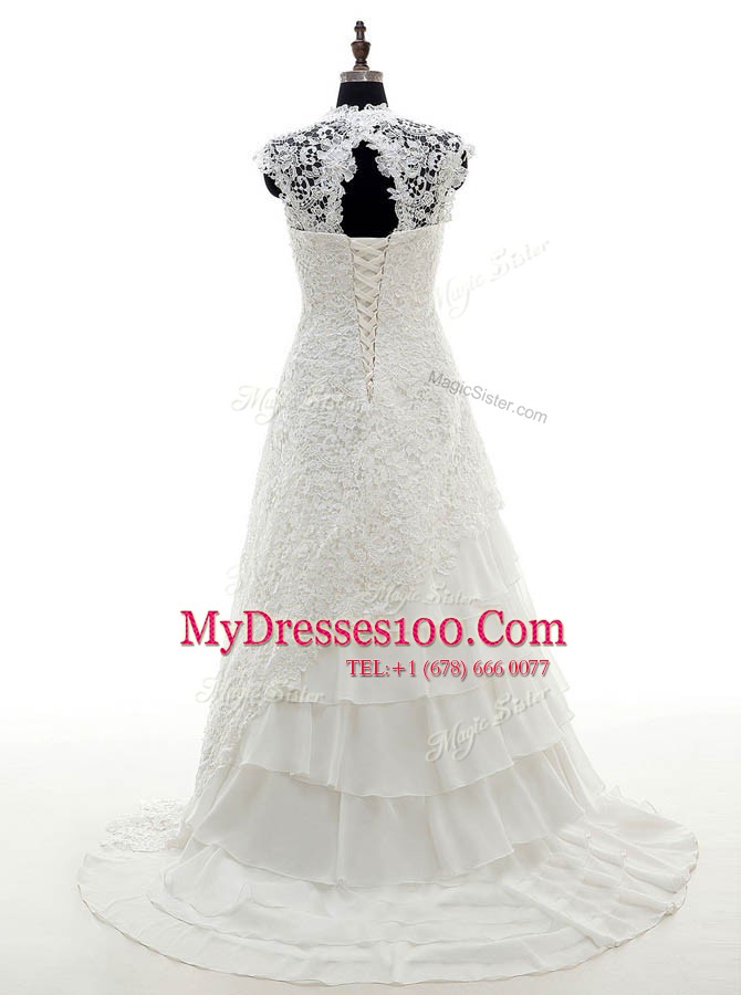 Ruffled Brush Train Column/Sheath Wedding Dresses White Sweetheart Lace Cap Sleeves With Train Lace Up