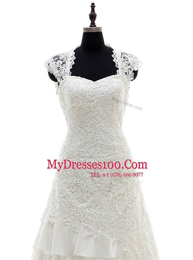 Ruffled Brush Train Column/Sheath Wedding Dresses White Sweetheart Lace Cap Sleeves With Train Lace Up