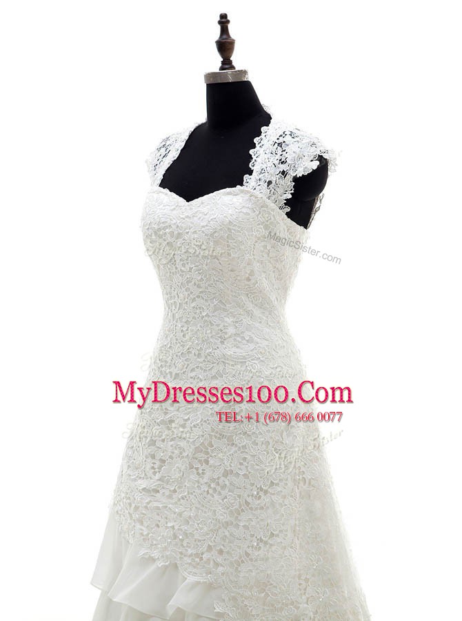 Ruffled Brush Train Column/Sheath Wedding Dresses White Sweetheart Lace Cap Sleeves With Train Lace Up