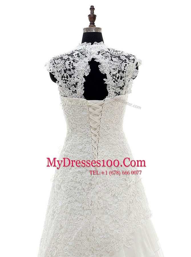 Ruffled Brush Train Column/Sheath Wedding Dresses White Sweetheart Lace Cap Sleeves With Train Lace Up