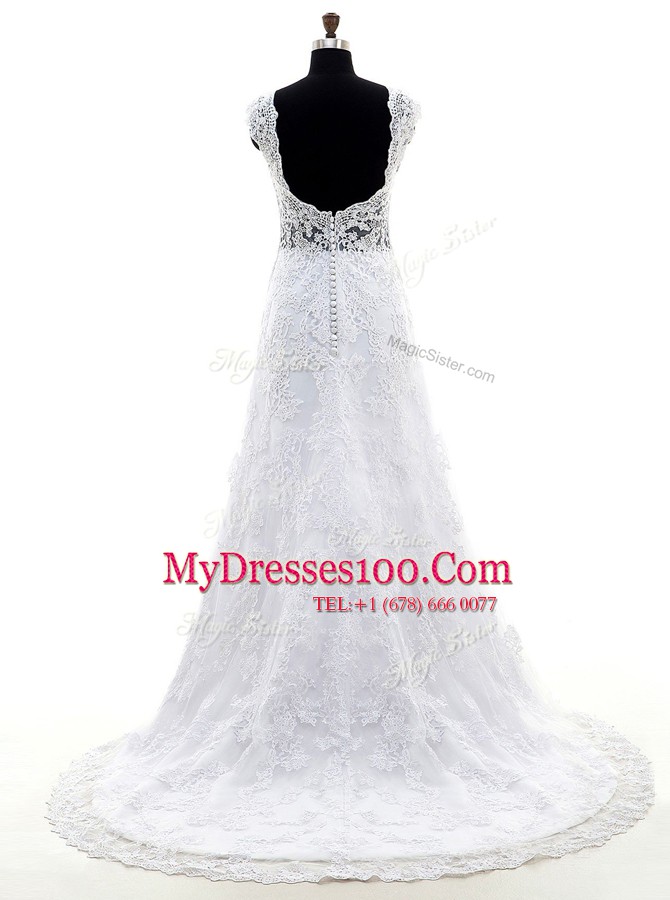 Lace V-neck Sleeveless Brush Train Clasp Handle Lace Wedding Dress in Lilac