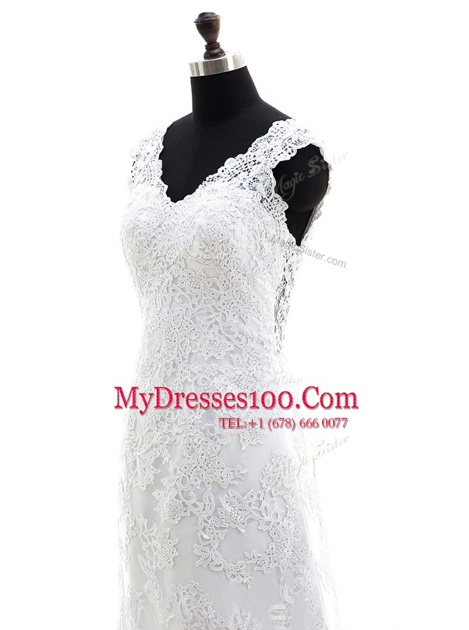 Lace V-neck Sleeveless Brush Train Clasp Handle Lace Wedding Dress in Lilac
