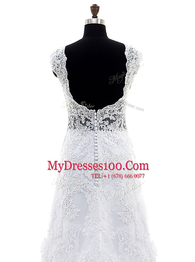 Lace V-neck Sleeveless Brush Train Clasp Handle Lace Wedding Dress in Lilac