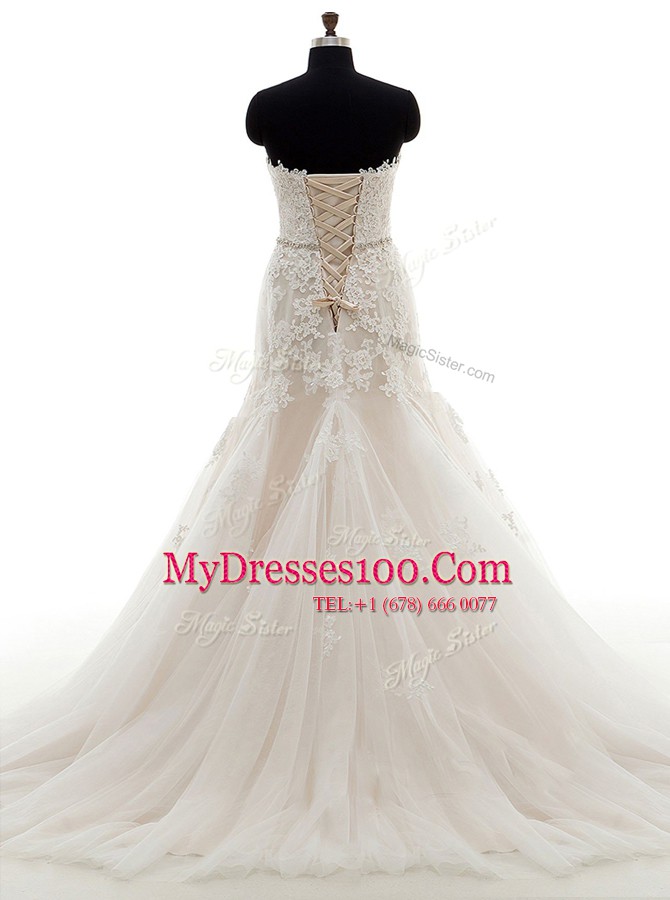 Sexy Mermaid Champagne Sleeveless Tulle Brush Train Lace Up Wedding Dress for Wedding Party