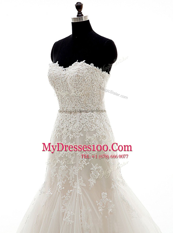 Sexy Mermaid Champagne Sleeveless Tulle Brush Train Lace Up Wedding Dress for Wedding Party