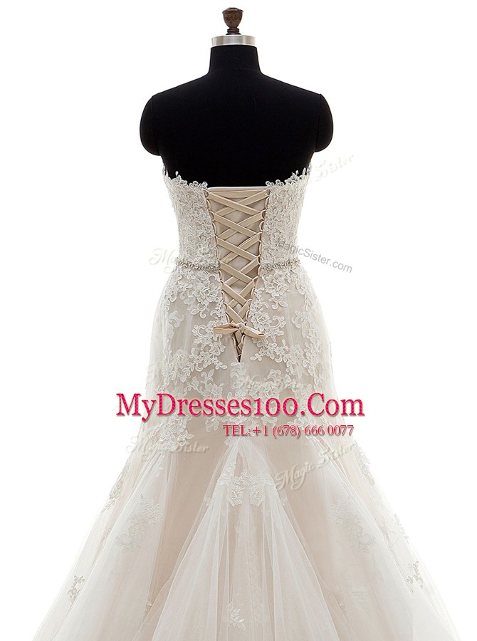 Sexy Mermaid Champagne Sleeveless Tulle Brush Train Lace Up Wedding Dress for Wedding Party