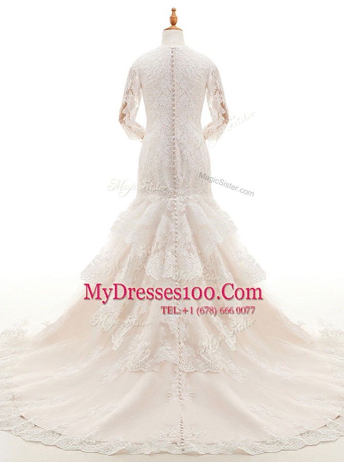 Top Selling Mermaid 3 4 Length Sleeve Lace With Train Court Train Clasp Handle Wedding Gown in White with Lace and Ruffled Layers