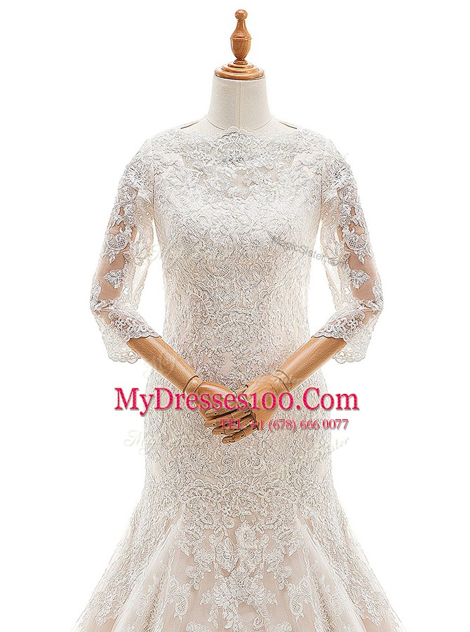 Top Selling Mermaid 3 4 Length Sleeve Lace With Train Court Train Clasp Handle Wedding Gown in White with Lace and Ruffled Layers