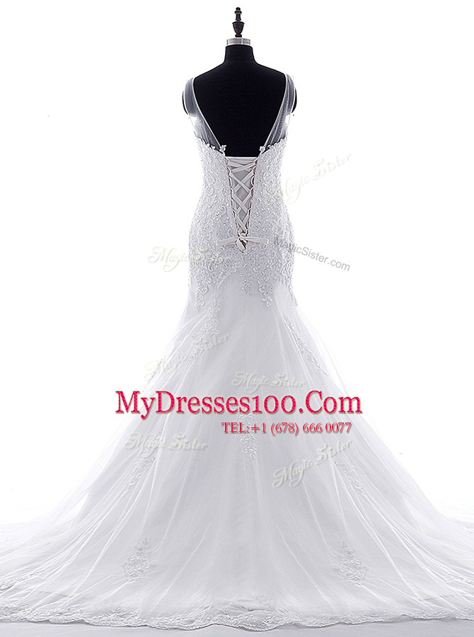 Enchanting Mermaid With Train White Wedding Gown Scoop Sleeveless Brush Train Lace Up