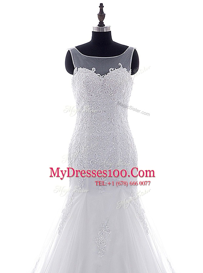 Enchanting Mermaid With Train White Wedding Gown Scoop Sleeveless Brush Train Lace Up