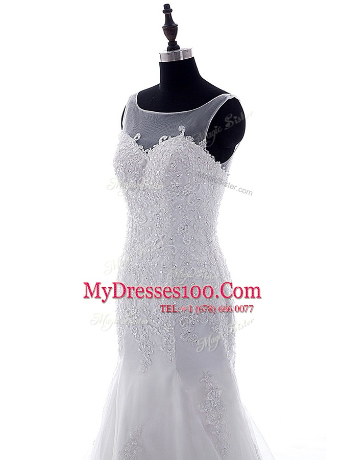 Enchanting Mermaid With Train White Wedding Gown Scoop Sleeveless Brush Train Lace Up