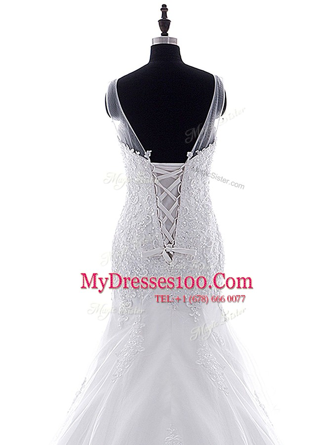 Enchanting Mermaid With Train White Wedding Gown Scoop Sleeveless Brush Train Lace Up