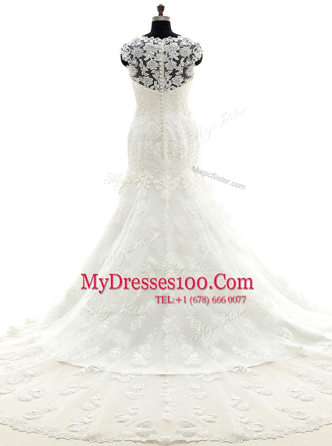 Mermaid Scoop Lace Sleeveless With Train Wedding Dresses Court Train and Appliques