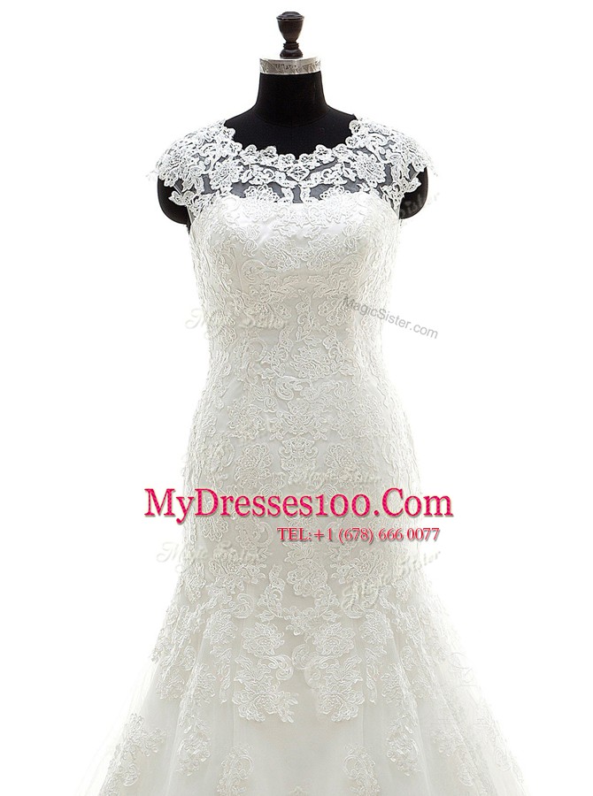 Mermaid Scoop Lace Sleeveless With Train Wedding Dresses Court Train and Appliques