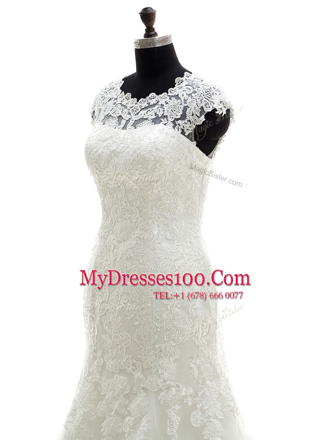Mermaid Scoop Lace Sleeveless With Train Wedding Dresses Court Train and Appliques