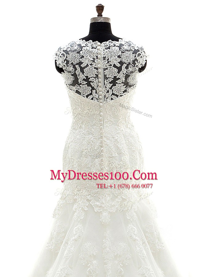 Mermaid Scoop Lace Sleeveless With Train Wedding Dresses Court Train and Appliques