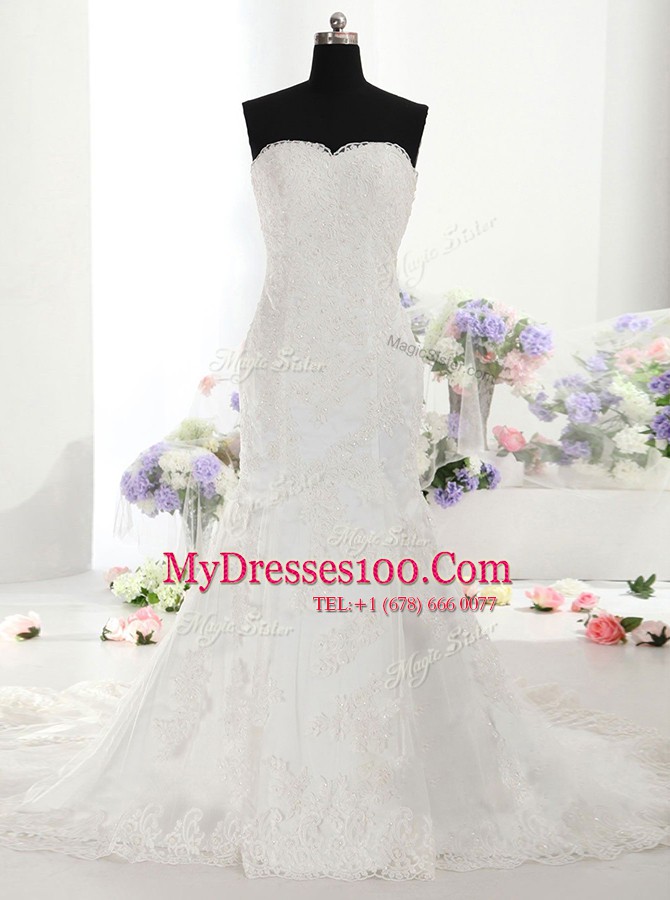 Modest Mermaid Sweetheart Sleeveless Wedding Gown With Train Court Train Lace White Lace