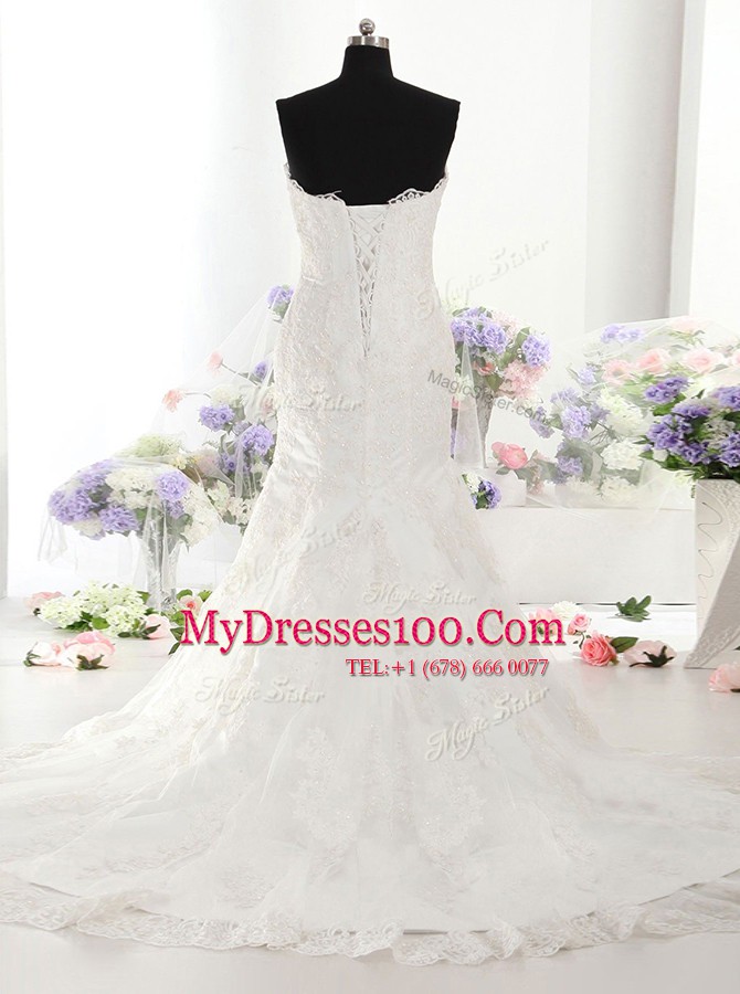 Modest Mermaid Sweetheart Sleeveless Wedding Gown With Train Court Train Lace White Lace