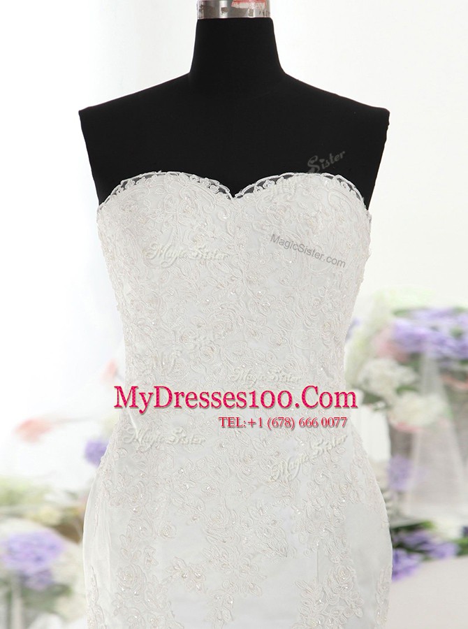 Modest Mermaid Sweetheart Sleeveless Wedding Gown With Train Court Train Lace White Lace