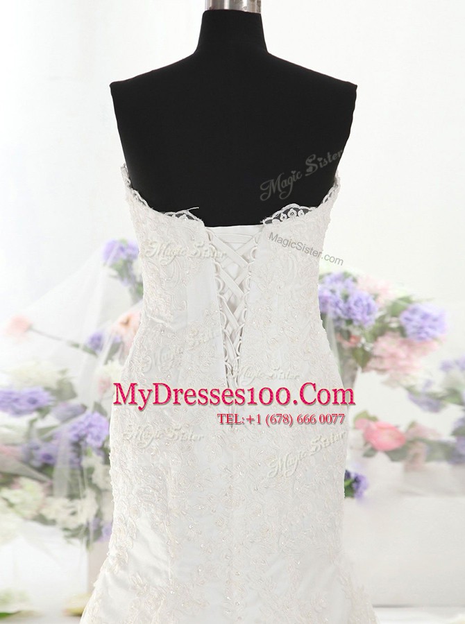 Modest Mermaid Sweetheart Sleeveless Wedding Gown With Train Court Train Lace White Lace