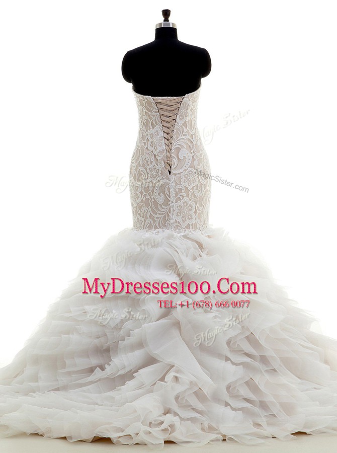 Custom Made Mermaid With Train White Wedding Dress Tulle Brush Train Sleeveless Lace and Ruffles