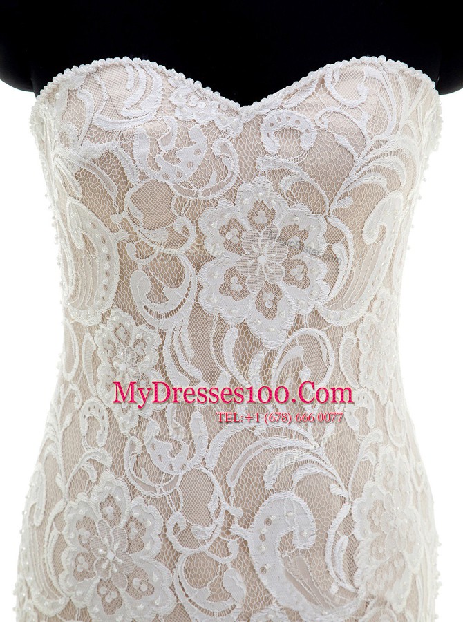 Custom Made Mermaid With Train White Wedding Dress Tulle Brush Train Sleeveless Lace and Ruffles