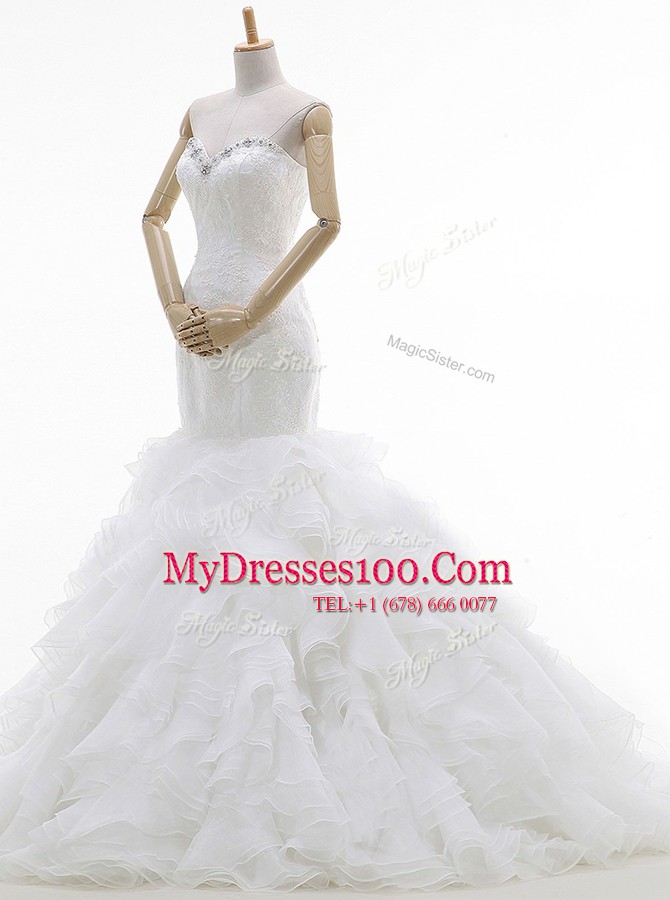 Mermaid Sleeveless With Train Beading and Ruffles Lace Up Wedding Dresses with White Brush Train
