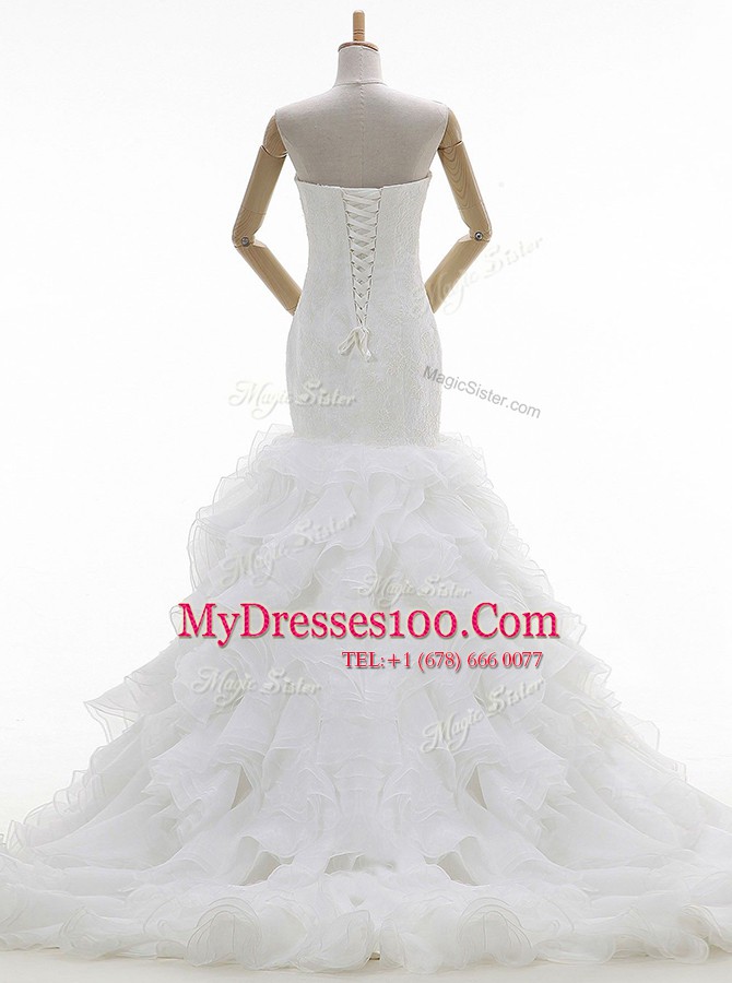 Mermaid Sleeveless With Train Beading and Ruffles Lace Up Wedding Dresses with White Brush Train