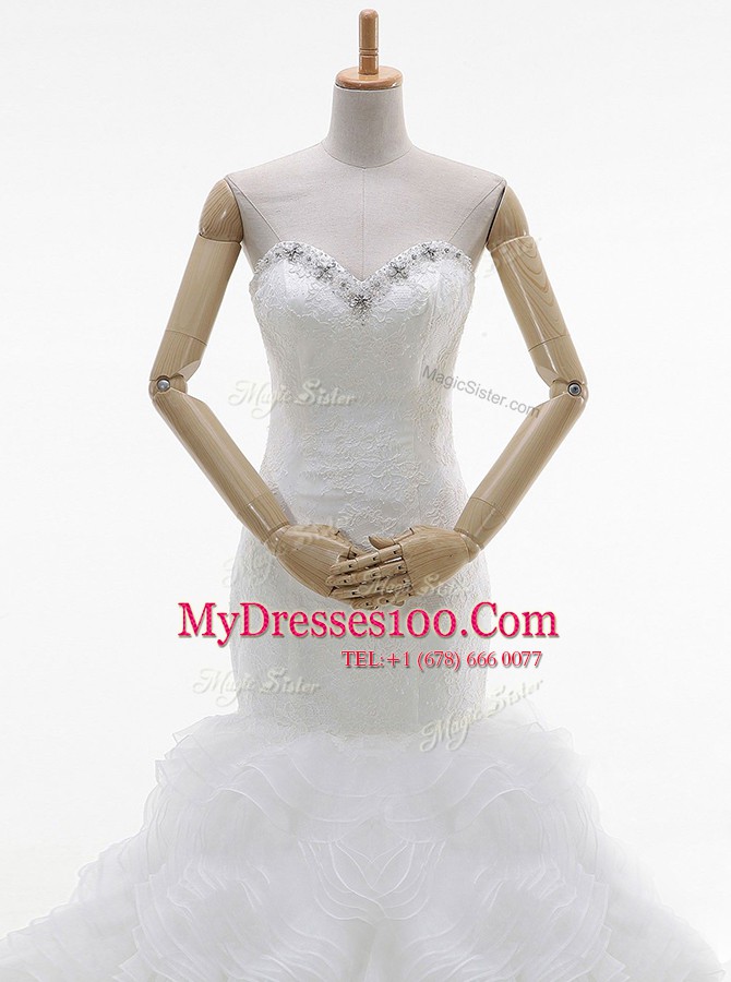 Mermaid Sleeveless With Train Beading and Ruffles Lace Up Wedding Dresses with White Brush Train