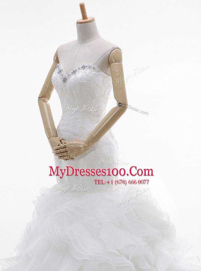 Mermaid Sleeveless With Train Beading and Ruffles Lace Up Wedding Dresses with White Brush Train