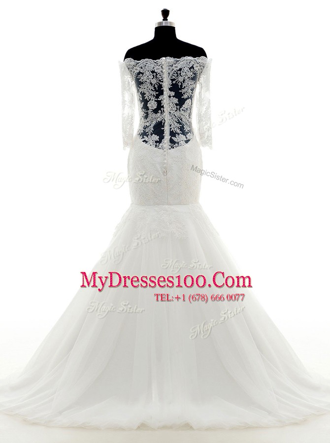 Edgy Mermaid White Wedding Gown Wedding Party and For with Lace Off The Shoulder Half Sleeves Brush Train Clasp Handle