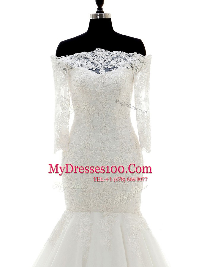 Edgy Mermaid White Wedding Gown Wedding Party and For with Lace Off The Shoulder Half Sleeves Brush Train Clasp Handle