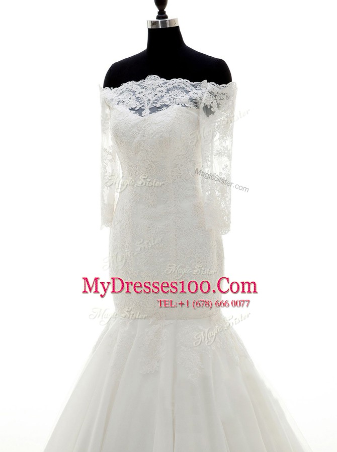 Edgy Mermaid White Wedding Gown Wedding Party and For with Lace Off The Shoulder Half Sleeves Brush Train Clasp Handle