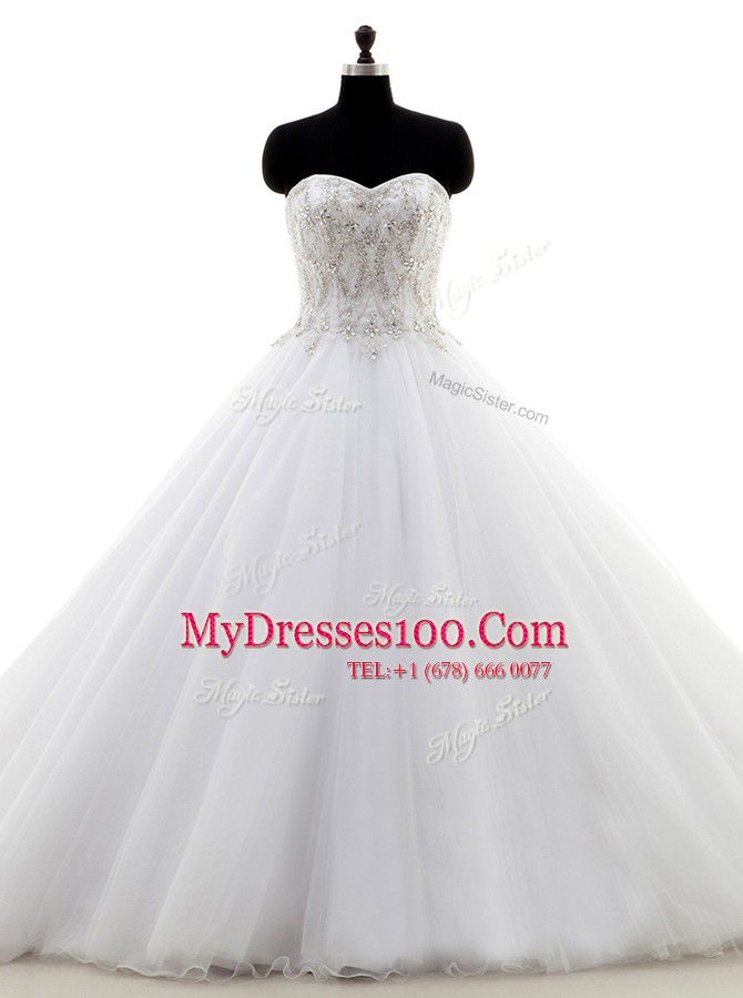 White Wedding Dresses Wedding Party and For with Beading Sweetheart Sleeveless Brush Train Clasp Handle