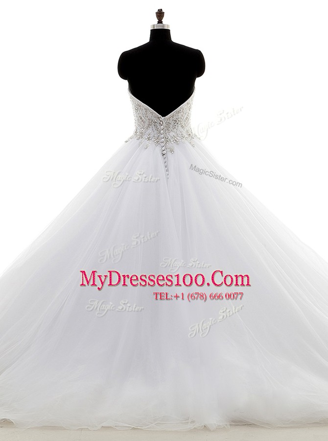 White Wedding Dresses Wedding Party and For with Beading Sweetheart Sleeveless Brush Train Clasp Handle
